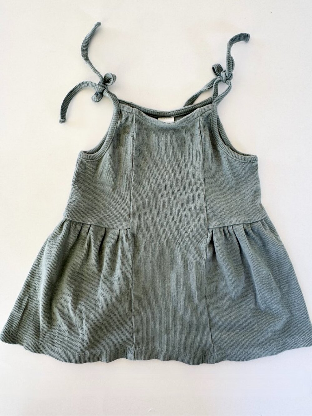 Kate Quinn 3T Girls Dress Sage Green Ribbed Tie Strap Organic Cotton